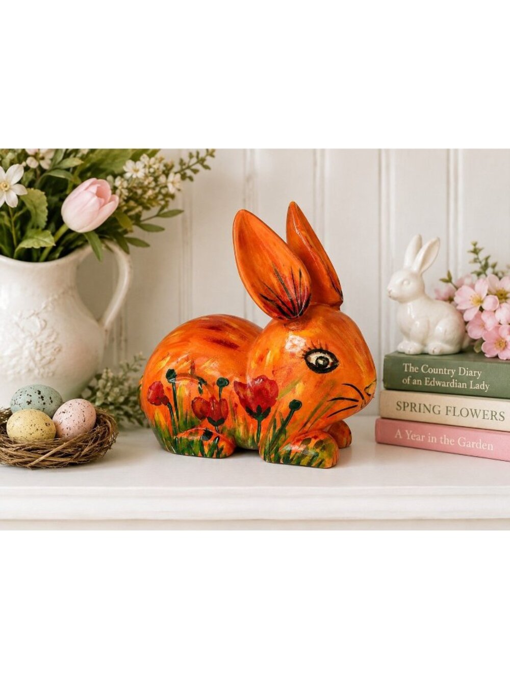 Diana Madaras Hand Painted Rabbit Bunny Folk Art Mexico Floral Sculpture 5.5"